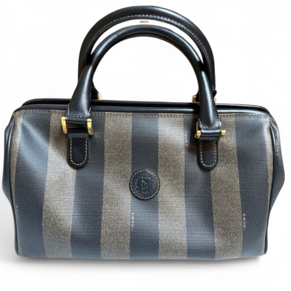 Vintage Fendi Pequin Stripe Boston Satchel –Coated Canvas & Leather Trim - Picture 1 of 16